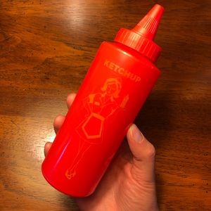Vintage Retro Red Plastic Ketchup Bottle With Print of Server